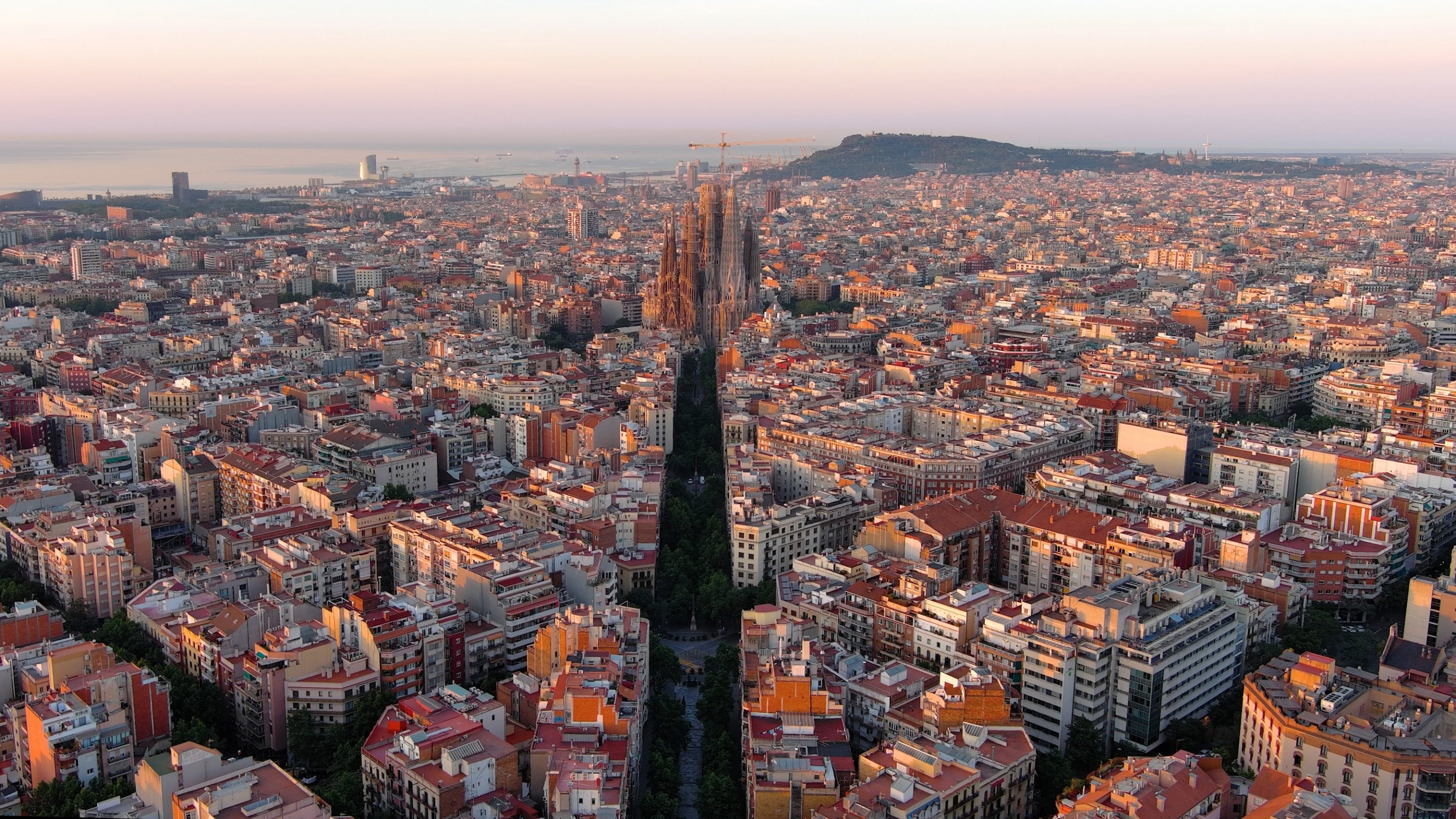 Barcelona skyline with Sagrada Familia Cathedral at sunrise. Catalonia, Spain stock photo